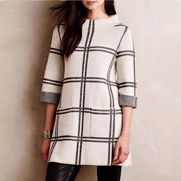 Anthropologie Dresses & Skirts - ANTHROPOLOGIE Moth wool ivory and black windowpane sweater tunic dress sz small